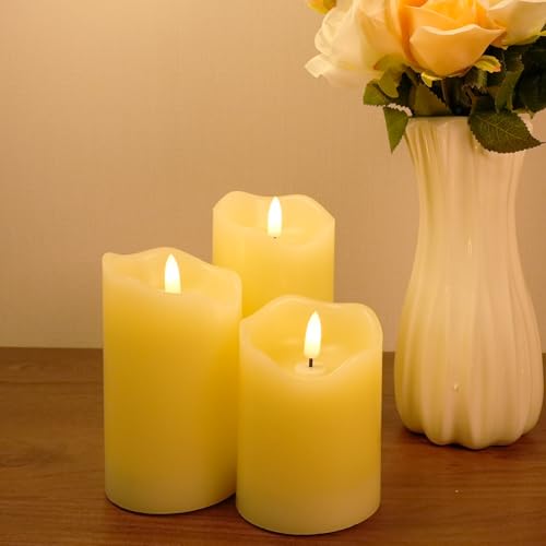 Image of 3Pcs Real Wax 3D Flickering Flameless LED Candles for Home Wedding Decor. | Real wax LED candles 4 inch /5 inch /6 inch, battery‑powered. Features 3D flicker, remote & timer, safe for table & indoor decor.