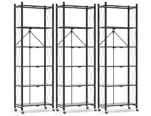 Image of ALANNG 73.6 Inch Folding Bookshelf, 6 Tier Metal Bookcase and Bookshelves | Tall Shelves for Living Room Office Bedroom, Heavy Duty Book Shelve Free Standing Open (Black, 3PACK)