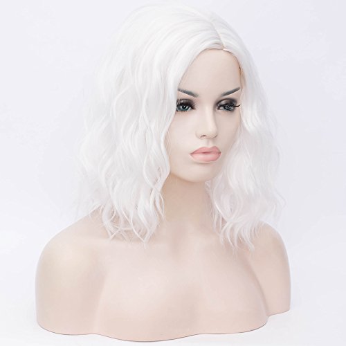 Image of BERON White Wigs for Women Short Curly Bob Side Part Wig Girls Shoulder Length Body Wavy Hair Wig White Heat Resistant Synthetic Halloween Cosplay Daily Party Wigs
