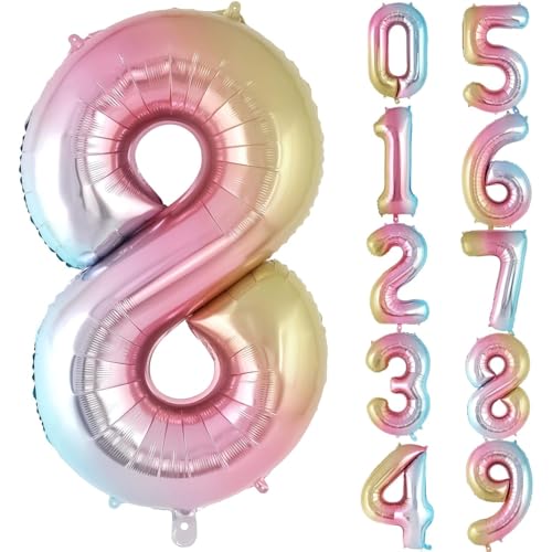 Image of Rozi Decoration Shiny Rainbow Number 8 Foil Balloon 32 Inch - Large Gradient Metallic Birthday Balloon for Kids & Adults | Easy to Inflate, Durable & Reusable Party Decoration Pack of 1 Pcs