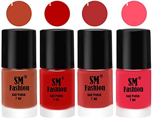 Image of Nail Polish Combo Set (Pack of 4) Quick Dry Gel Finish Nail Paint | Light Coral,Red,Coral Pink ,Dark Pink | 7 ml Each