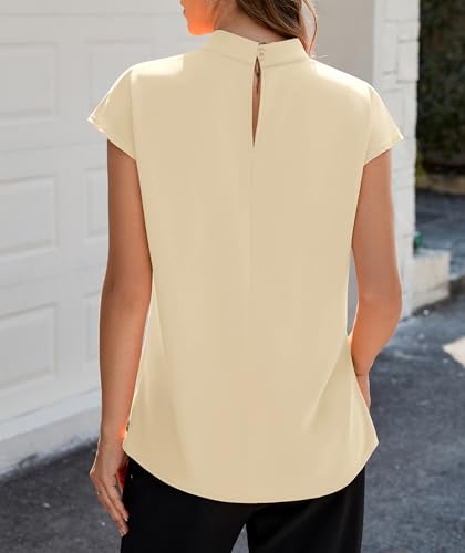 Image of Funlingo Womens Summer Tops Mock Neck Short Cap Sleeve Blouses Business Casual Work Chiffon Shirts Front Pleated Tunic Top