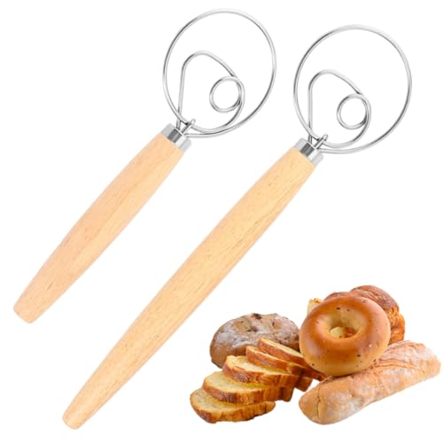 ZZHBOO Set de 2 Batidores de Huevos, Batidor Largo y Corto, de Acero Inoxidable y Madera de Roble, para Batir, Mezclar Masa y Amasar, 13 Pulgadas, Plateado