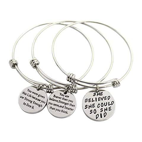 3 Pack Women Engraved Message Inspirational Words Round Charm Bracelets Set Expandable Silver Plated Stainless Steel Motivational Bangle Bracelet 3 Pic Set Cover