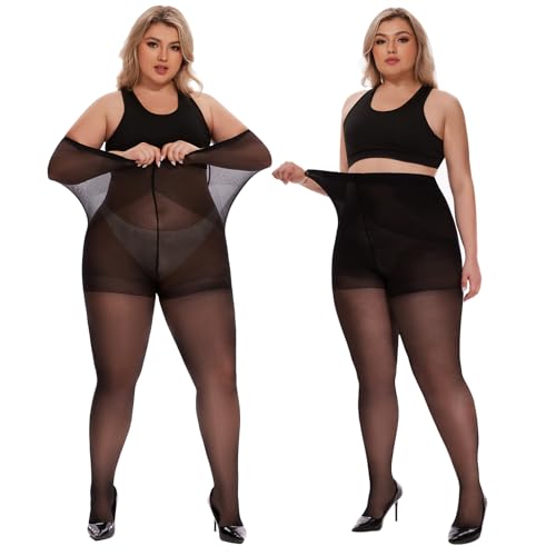 YAGAXI 2 Pairs Plus Size Sheer Tights for Women - 20D Women's Control Top Pantyhose Reinforced Toe