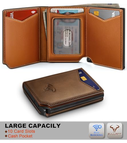 Image of BULLIANT Men Wallet Leather Wallet Card Holders Money Clip for Men 10Cards-Magnetic Flip on Metal Case