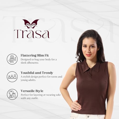 Image of TRASA Women's Sleeveless Rib Knitted Cotton Racer Back Tank Tops Collared Neck Crop Tank Tops - Available Sizes -XS, S, M,L,XL,2XL