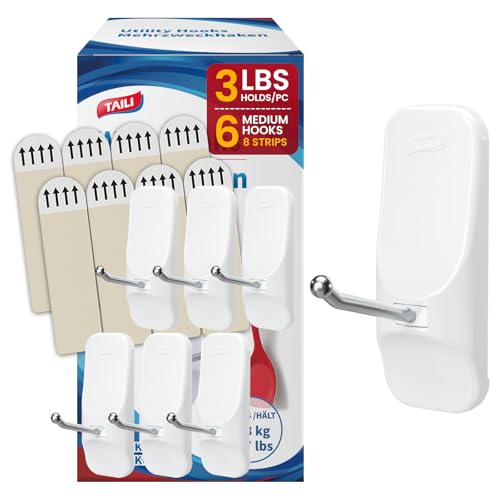 Image of TAILI Hooks for Hanging,6 Sticky Hooks & 8 Adhesive Strips Holds up 3 lb | White Utility Hooks for Painted Wall, No Damage Heavy Duty, Removable & Reusable for Door, Dorm, Clothes, Kitchen