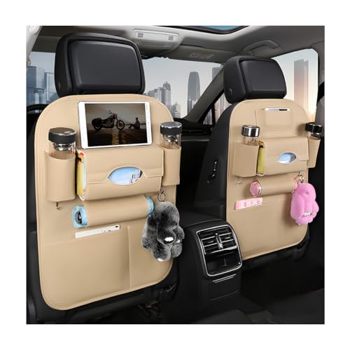 ZNDAW 2PCS Car Seatback Organizer, Waterproof Leather Seat Back Storage with Cup Holder Tissue Holder Multiple Pockets, Back Seat Protector Kick Mats for Kids, Travel Accessories (Beige)