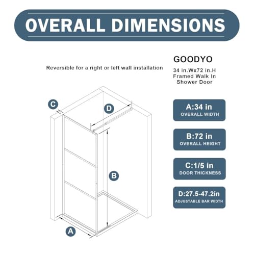 Goodyo Shower Door 34“ X 72” Fixed Frost Tempered Glass Shower Screen Panel for Walk-in Bathroom, Black Framed 3 Pieces Glass Door
