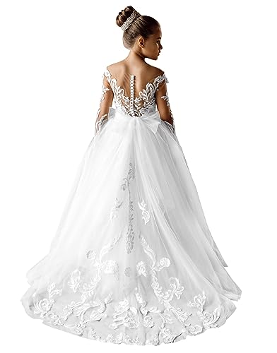 JISISANG Flower Girls Lace Tulle Ball Gowns with Bow-Knot First Communion Dresses Tutu Pageant Dress for Wedding Princess