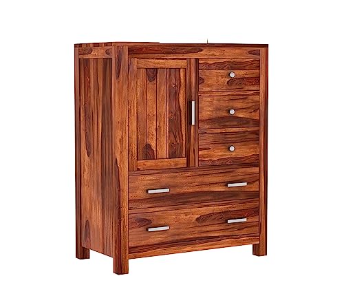 Image of Solid Sheesham Wood Wooden Sideboard Storage Cabinet & Chest of Drawer : Ideal for Living Room and Bedroom with 5 Drawers and 1-Shelf Storage (Avalon, Honey Finish)