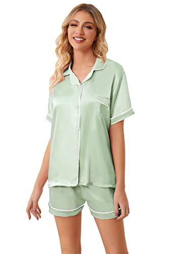 Image of Umeyda Women & Girls Pajamas Set, 2 Piece PJS Satin Silk Sleepwear Button-Down Top with Shorts for Mom Kids Gifts