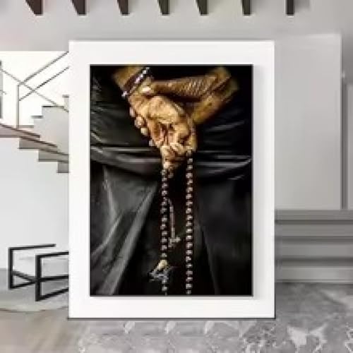 Art mural mains tenant des perles de prière toile 70x90cm avec cadre