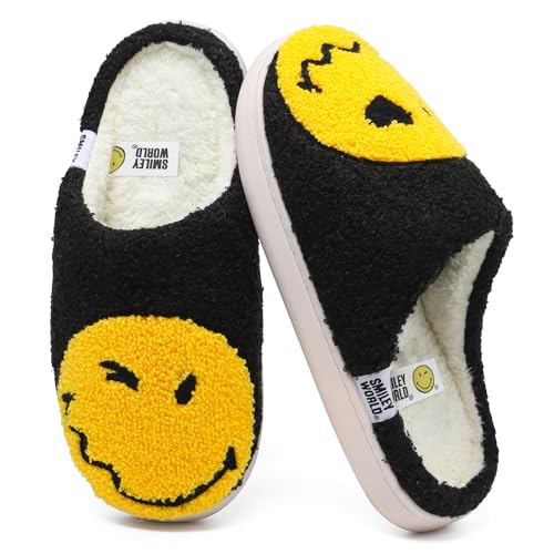 Wpecgoo Chausson Smiley Femme Pantoufles Homme Drole en peluche douce Mousse à mémoire de forme Pantoufles d'intérieur confortables et chauds pour l'hiver