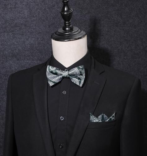 Image of HISDERN Bow Ties for Men Pre-Tied Bow Tie Floral Paisley Handkerchief Classic Formal Bowtie and Pocket Square Cufflinks Set