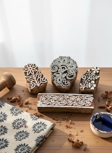 Image of RENIQ Wooden Printing Block for Fabric & DIY Craft | Handcrafted Indian Design Stamp for Textile, Pottery, Mehndi & Home Decor (Multicolor13)