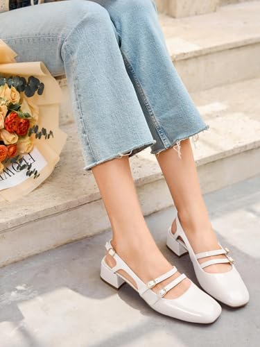 Image of Coutgo Women's Mary Jane Chunky Low Heels Slingback Pumps Closed Square Toe Wedding Dress Shoes