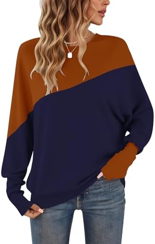WNEEDU Langarmshirt Damen ColorBlcok Fledermausärmel Herbst Pullover Damen | Patchworkfarbe Zweifarbig Sweatshirt Damen Lässig Farbblock Oberteile damen Enge Manschetten