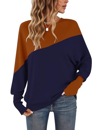 WNEEDU Camisa de Manga Larga para Mujer Cuello Redondo Patchwork Sudadera de Color puños Ajustados Jersey para Mujer Azul Marino Caramelo M