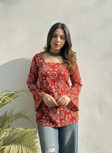 Image of ANNI Designer Women's Viscose Printed Short Kurti | Straight Fit Ethnic Top with Square Neck | Bell Sleeve Casual Indian Kurta for Office College, Party