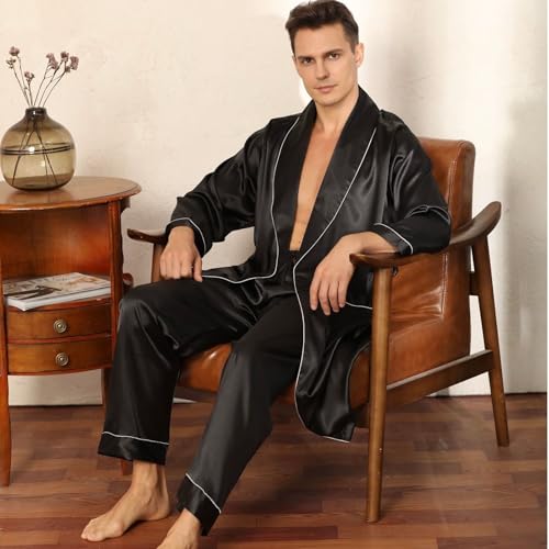 Men's Satin Pajamas Long Sleeve 2 Piece Summer Robe Thin Pant Fall Lounge Oversized Pajama Set3