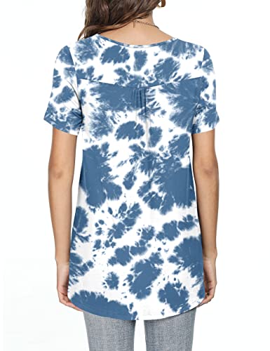 Popyoung Women's 2023 Summer Henley Shirts Button Up Tunic Tops Casual Short Sleeve Blouse T-Shirts Xl, Blue Tie Dye #TOP3