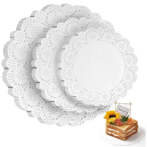 HAKSEN Paper Doilies, 36 Pack (12 Each 6.5”, 8.5”, 10.5”) – Round Lace Paper Placemats for Cakes, Dessert Trays & Table Decor Doilies for Thanksgiving Day, Wedding, Tea Party, Crafts
