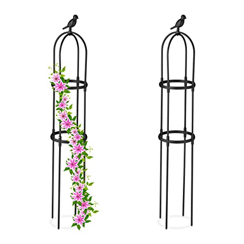 Relaxdays Rankhilfe Obelisk, 2er Set, 126 cm hoch, Ranksäule, Kletterpflanzen, Metall, freistehend, Rosenturm, schwarz