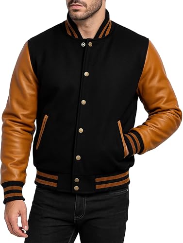 Image of Men Varsity Jacket College Baseball Letterman Wool Jacket Leather Sleeves