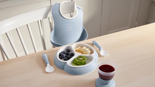Image of BabyBjorn Mealtime Set, 4 pc, Powder blue | Includes Baby Plate, Baby Fork, Baby Spoon, and Baby Cup | Dishwasher Safe | Toddler feeding set for self-feeding or baby-led weaning