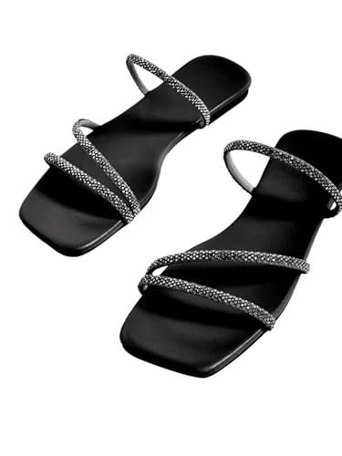 Image of GORGLITTER Women's Rhinestone Wedding Flat Sandals Sparkly Strappy Glitter Dressy Slip on Bling Bridal Prom Cute Slide Shoes