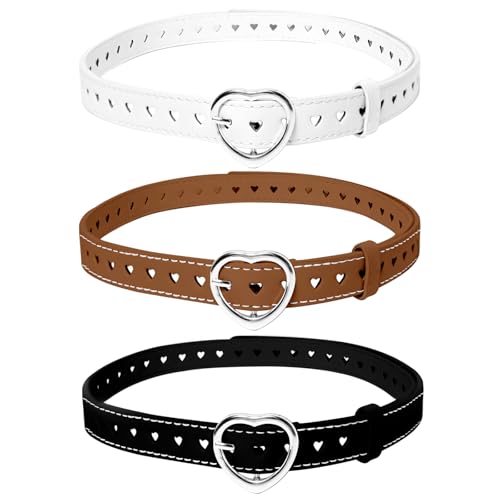 3 Pcs Women Girls Belt,Elastic Stretch Adjustable Waist Belt,Cute Heart Shape With Metal Buckle,Leather Waist Belt Hollow Heart Design Metal Buckle for Dress Pants Jeans(White+Brown+Black)