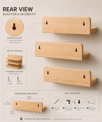 Image of A&A Studio Solid Pine Wood Floating Wall Shelves Set of 3 | 25 x 13 cm Wooden Wall Mounted Shelves | Rustic Shelf for Living Room, Bedroom, Bathroom, Kitchen & Office