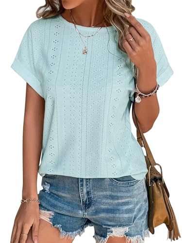 Cuptacc Camiseta para Mujer, Blusa para Mujer, Verano 2025, Manga Corta, Dobladillo Suelto, Azul Claro, Talla Grande L 42-44