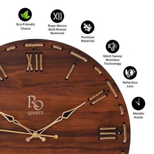 Image of Wooden Round Shape Roman Dial Wall Clock with Golden Hands & Golden Jute Rope Detailing | Silent Quartz Movement Anti Reflection Analog Vintage Clock for Home & Office (Brown, 15.5 Inch)