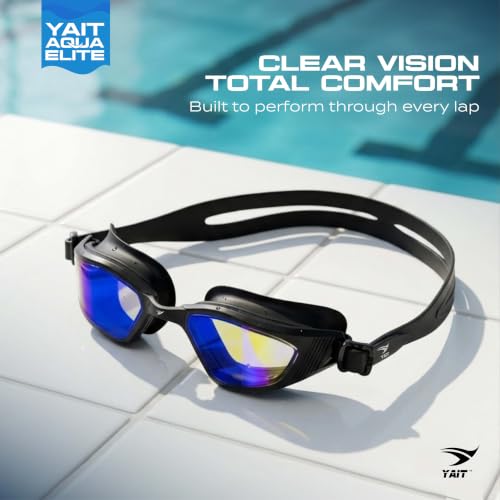 Image of AquaElite Ultra Wide Mirrored Swimming Goggles for Men & Women| Lab tested by Experts | Dual Anti Fog Tech with UV Protection 600 | Polycarbonate Lens with Adjustable Silicone Strap - Black Blue