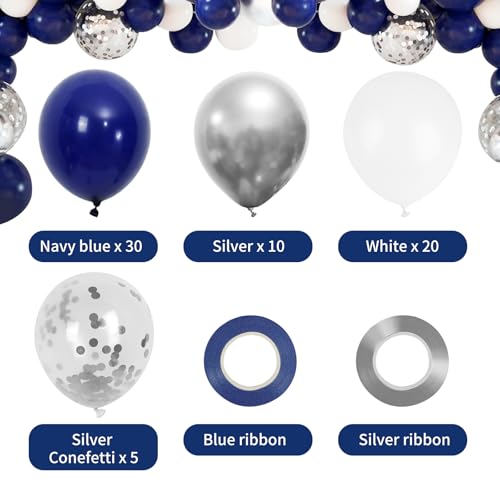 Image of RUBFAC 65pcs Navy Blue Silver Balloons, 12 Inches Navy Blue White Metallic Silver Chrome Party Balloons with Ribbons for Birthday, Wedding, Graduation Cowboys Decorations