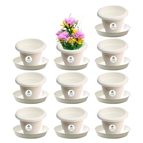 Image of Sumit Greenrey | 10 Inch Flower Pot Pack of 10 | Premium White Plastic Planters with Tray Base Palette | Home, Garden & Balcony Decoration | Durable, Elegant, Eco-Friendly Pots
