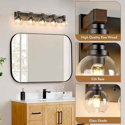 Image of LmnLvn Farmhouse 5-Light Bathroom Vanity Light, Wood & Metal Glass Shade