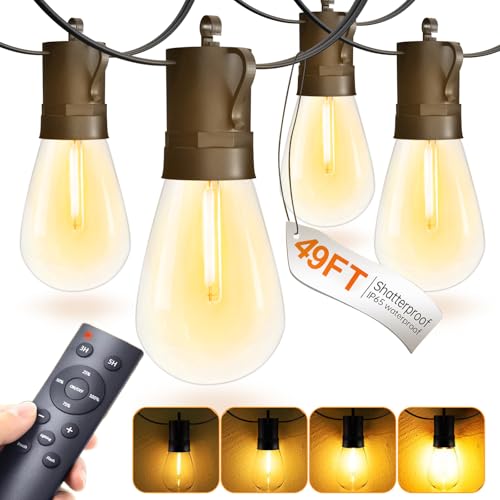 15M LED Outdoor String Lights Patio Dimmable Hanging Light with Remote, Waterproof Shatterproof Edison Bulbs, 3 Modes Outside Lighting Connectable for Graden Porch Backyard Balcony Deck S14