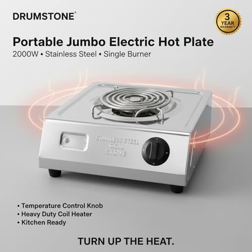 Image of Drumstone 2000W Electric Hot Plate Single Burner | Portable Stainless Steel Coil Cooking Stove with Adjustable Temperature Control | Heavy Duty Electric Cooktop