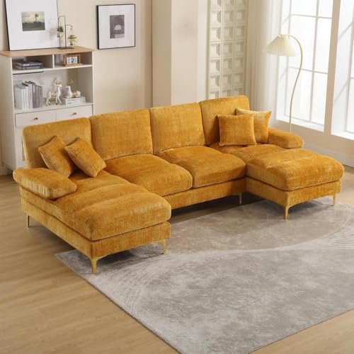 WENNEWU Sofá De 4 Plazas, Sofá Convertible En Forma De L, Sofá Seccional En Forma De U, con Chaise Longue Doble Y Patas MetáLicas Doradas, Tapizado En Tela De Chenilla, para Sala De Estar,B