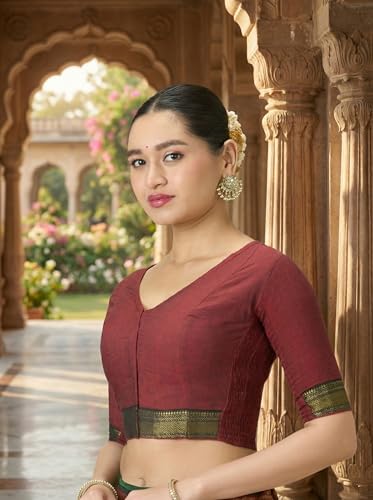 Image of Studio Shringaar Women's Handloom Cotton Stretchable (Smocked) Saree Blouse with Temple Zari Border