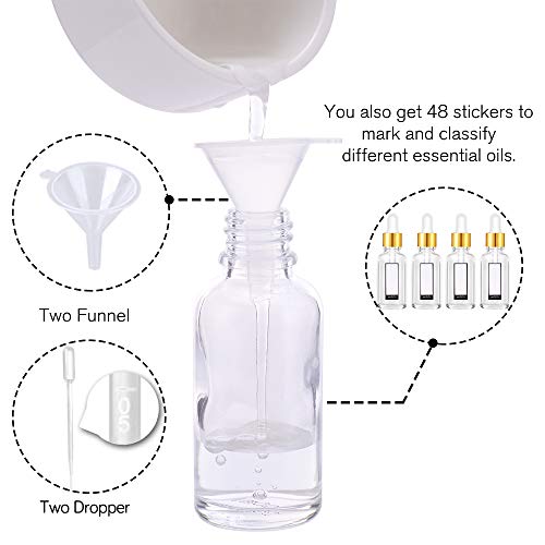 PrettyCare Glass Eye Dropper Bottles 24 Pack, 1oz (30ml) Clear Empty Thick Bottles Bulk with Leakproof Golden Caps - With Labels & Funnels for Storage, Travel, Essential Oils, Cuticle Oils, Tinctures4