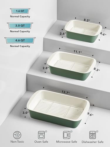 Image of LE TAUCI Deep Casserole Dishes for Oven, 13.7 inchx9.6 inch Ceramic Baking Dish Set with Roasting Racks, Large Lasagna Pans with Handles, Rectangular Bakeware as Gift for Mom, Forest Green (4.6QT /3.0QT /1.6QT), Set of 3