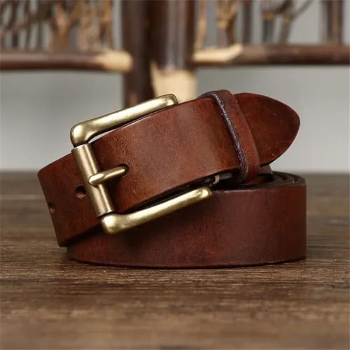 Luxury Men's Leather Belt 3.3cm, Genuine Cowhide Brass Buckle for Jeans and Casual Wear3
