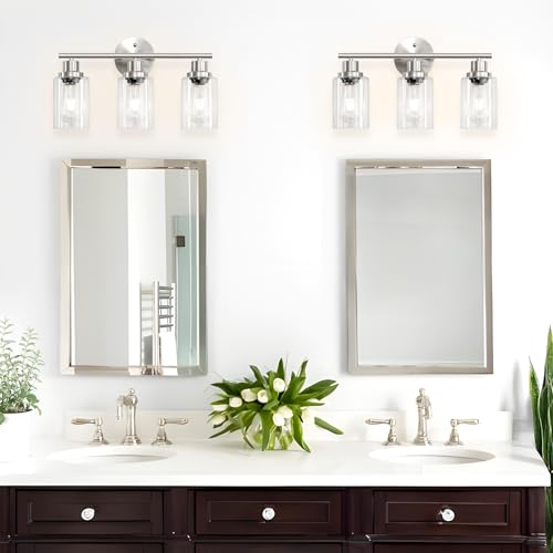 Image of 3-Light Brushed Nickel Vanity Lights, E26 Modern Bathroom Light Fixtures with Clear Glass Shade, Wall Lamps for Mirror Kitchen Hallway Cabinet Living Room Sconces Lights