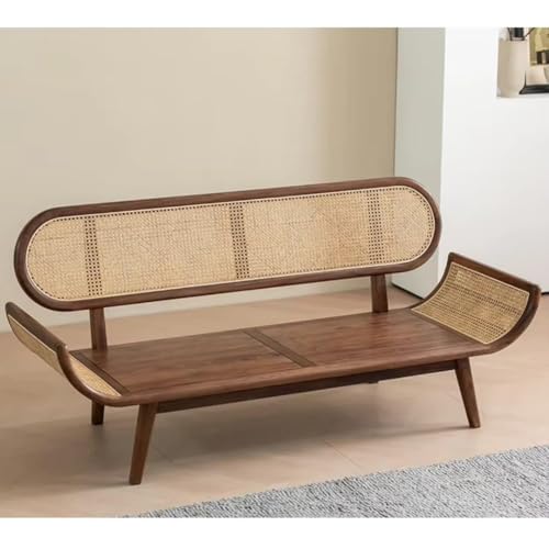 Image of Modern Rattan Cane Sofa with Curved Arms Wooden Frame, Beige Cushions and Throw Pillows Sofa for Living Room, Bedroom, Hallways (3+2+1 Seater)