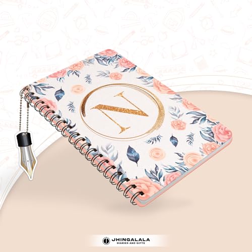 Image of Jhingalala Diaries - A5 Hardbound Floral Design Diary Cover With Initial Letter Wiro Notebook Diary With Dangler I Spiral Notebook With Planner and Calendar 2024 I 160 Undated Ruled Pages (Initial N)